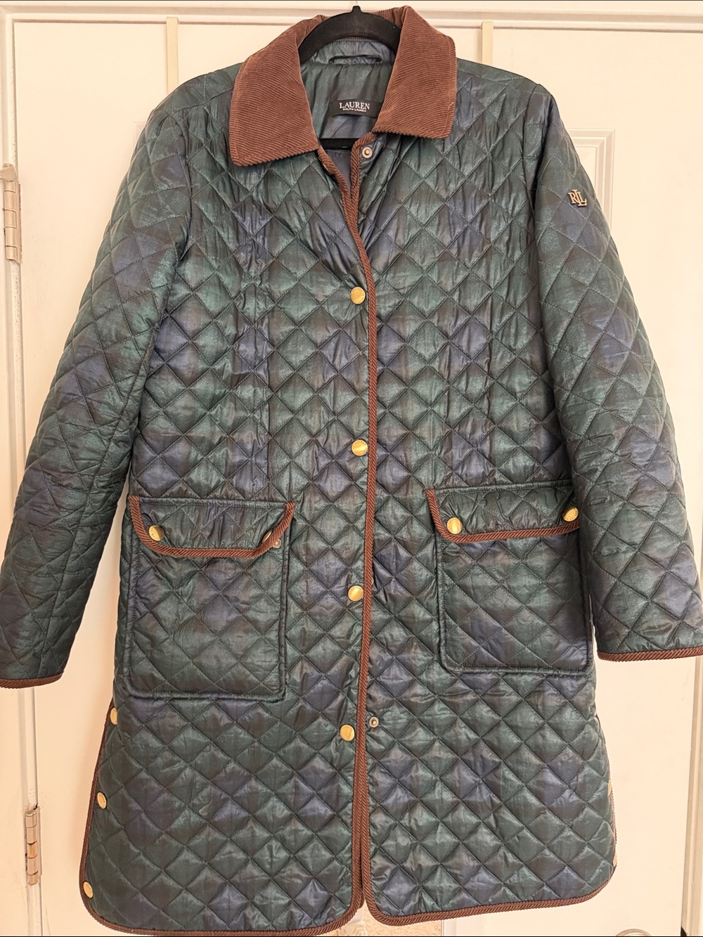 Lauren Ralph Lauren Quilted Green Puffer Coat with Brown Trim